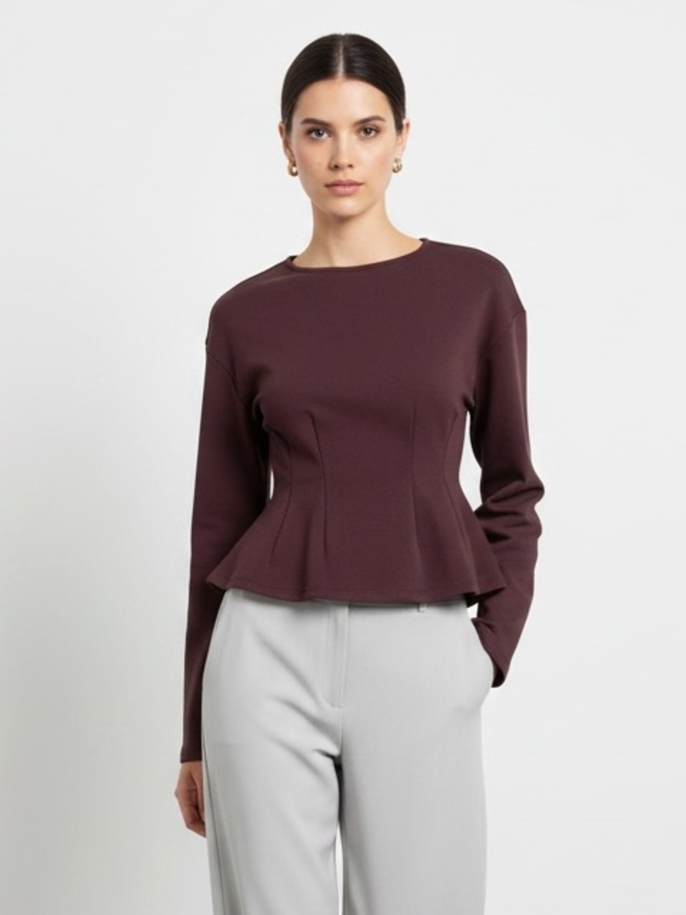 1581 • Plum Darted Cotton Blend Scuba Long Sleeve Contoured Peplum Top